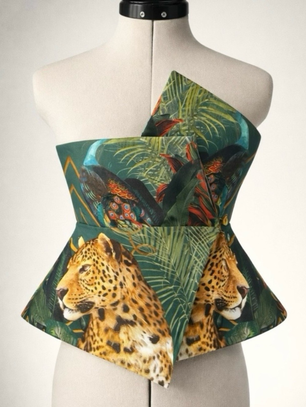 Masavi structured asymmetrical peplum top, Exotic Wildlife Print, strapless, XS